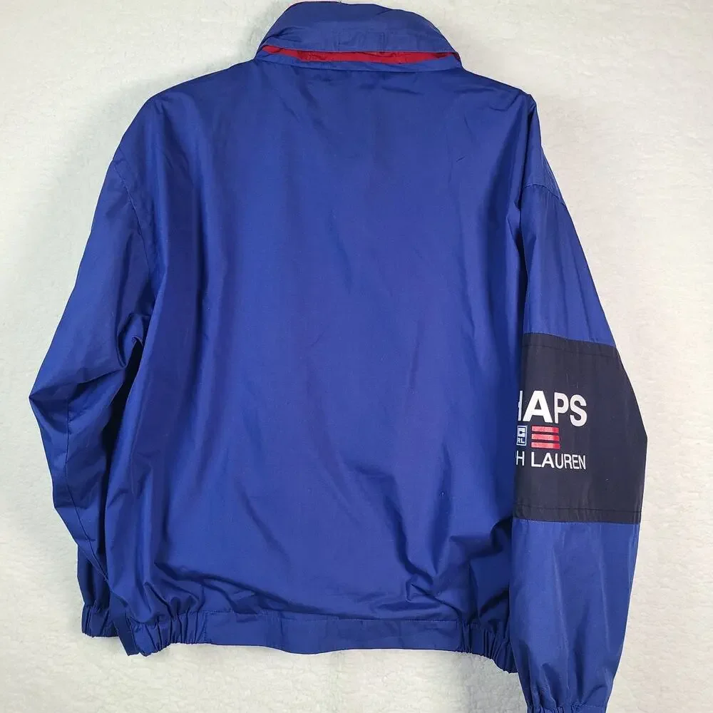 Chaps Ralph Lauren Lined Jacket Fold Away Hood Classic Blue 90's Large